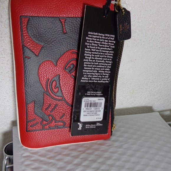 Coach Mickey Mouse Electric Red Leather Wristlet Keith Haring LTD Editio…